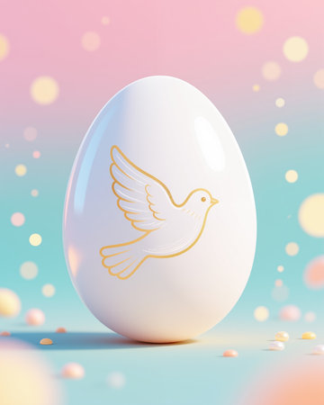 Beautiful Easter illustration featuring a white egg with a golden dove, soft pastel colors, and bokeh lights creating a serene atmosphere.の素材