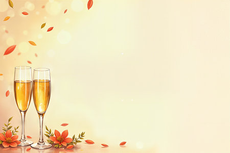 Birthday celebration scene with two champagne glasses against a softly lit background adorned with falling autumn leaves and orange flowers.の素材