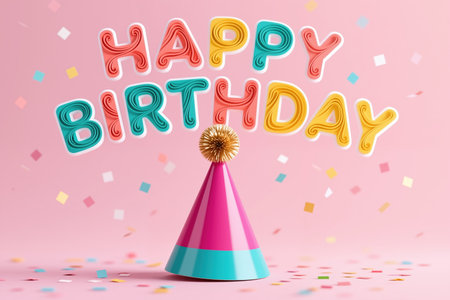 Vibrant 3D-style Happy Birthday text in pink, teal, and yellow, with a party hat and confetti on a soft pink background, creating a festive atmosphere.の素材