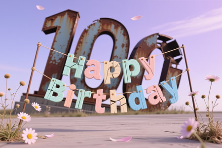 A 3D rendering of a happy birthday garland hanging in front of a large 100 sign, with pastel colors and flowers.の素材