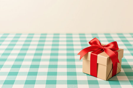 A gift box wrapped in brown paper, adorned with a vibrant red ribbon, sits on a green and white checkered tablecloth, in a realistic and festive illustration style.の素材