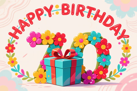 Vibrant digital illustration celebrating 30th birthday with floral wreath, gift box, and HAPPY BIRTHDAY text in playful red letters on soft pink background.の素材