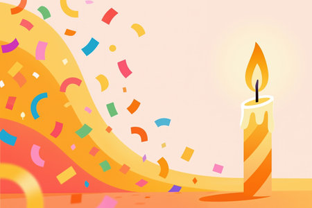 A vibrant digital illustration featuring a candle and confetti on a soft peach background, with a mix of warm colors and playful shapes, created in a modern flat design style.の素材