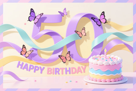 A 3d digital illustration of a pastel-colored birthday cake with butterflies and ribbons, celebrating a 50th birthday in a whimsical style.の素材