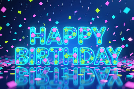 Vibrant digital illustration with happy birthday in neon blue, adorned with flowers, surrounded by confetti and reflected on a shiny surface.の素材