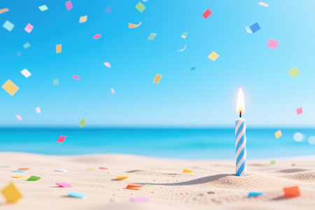 A 3D illustration of a lit blue and white striped candle on a sandy beach surrounded by colorful confetti against a bright blue sky and ocean background.の素材
