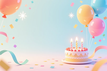 Vibrant digital illustration of a birthday cake with lit candles, surrounded by balloons and confetti on a pastel background.の素材