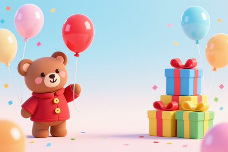 A cute brown teddy bear in a red coat holds colorful balloons next to a stack of wrapped presents with ribbons on a pink and blue background with confetti.の素材