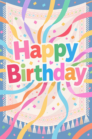 A vibrant birthday card with colorful ribbons, confetti, and a festive rug-like background with tassels, set against a blue backdrop.の素材