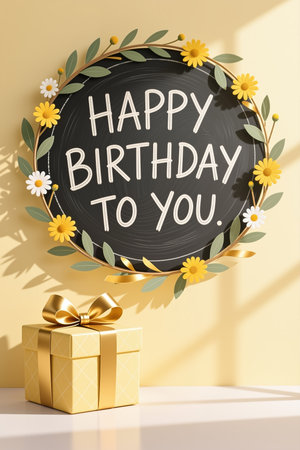 Chalkboard with white chalk writing surrounded by yellow and white flowers and green leaves on a gold wreath, with a gold gift box below on a white table against a yellow wall.の素材