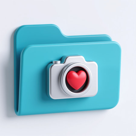 A stylized blue folder with a silver camera icon and red heart, symbolizing love for photography, against a clean white background.の素材