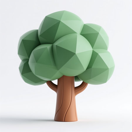Low poly style illustration of a green tree with brown trunk, symbolizing nature and simplicity, on a clean white background.の素材