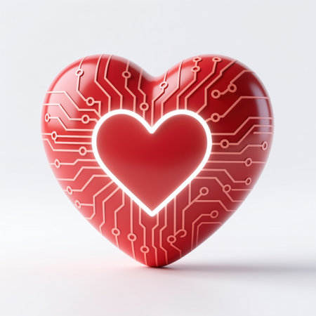 A futuristic red heart with a circuit board pattern and a glowing inner heart, representing the intersection of love and technology in a modern, sleek design.の素材