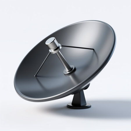 A metallic satellite dish on a black stand, symbolizing communication and technology, with a smooth, reflective surface and a minimalist background.の素材