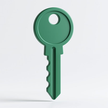 A green key is depicted in a minimalist style, symbolizing access, security, and control, with a plain white background that emphasizes simplicity and clarity.の素材