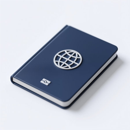 A navy blue passport with silver globe and logo on cover, symbolizing global travel and identity, against a clean white background, minimalist style.の素材