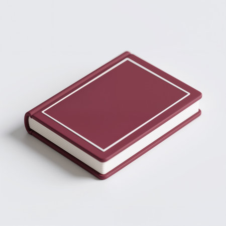 A minimalist illustration of a red book with white pages, symbolizing knowledge and education, on a plain white background with subtle shading.の素材