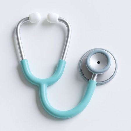 A stethoscope is depicted in a minimalist style, symbolizing medical care and health, with blue tubing and silver parts on a clean white background.の素材