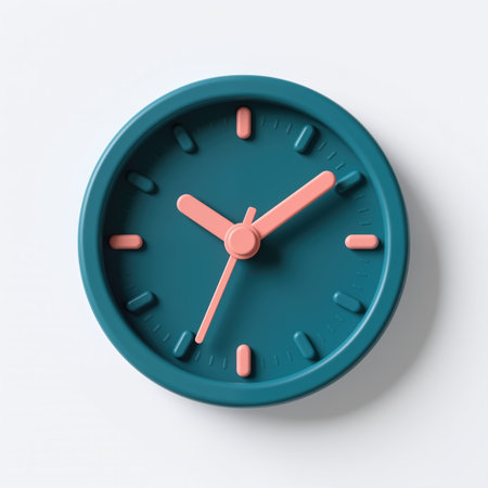 Teal clock face with pink hands, minimalist design, symbolizing time and punctuality, on a white background with subtle shadow.の素材