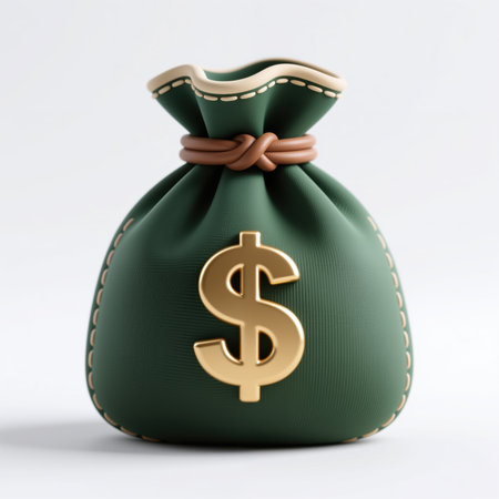 A realistic illustration of a green fabric money bag, adorned with a gold dollar sign and tied with a brown leather cord, set against a clean white background.の素材