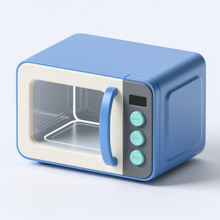 A small, blue microwave with cream-colored trim, a blue handle, and teal buttons on a gray panel, set against a plain white background.の素材