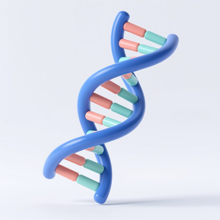 A stylized DNA double helix with a blue backbone and pink and green cylindrical nucleotides, set against a plain white background, symbolizing genetic structure.の素材