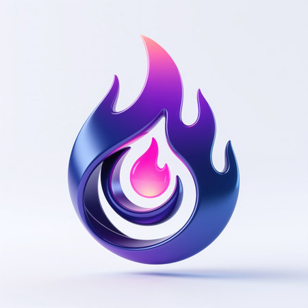 Stylized flame symbol with blue, purple, and pink gradient, representing passion and energy, set against a clean white background.の素材