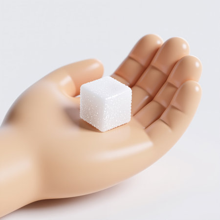 A pale, plastic hand holds a small, white, speckled sugar cube on its palm, symbolizing sweetness and simplicity in a minimalist style.の素材