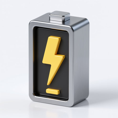 A sleek, metallic battery with a dark panel featuring a prominent yellow lightning bolt symbol, representing power and energy, on a clean white background.の素材