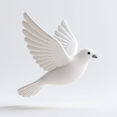 A minimalist digital illustration of a white dove in flight, symbolizing peace, love, and new beginnings, set against a soft, white background, conveying serenity and hope.の素材