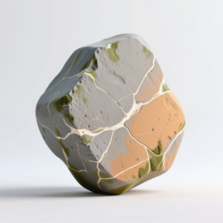 A digitally illustrated stone object with a kintsugi-inspired aesthetic, symbolizing the beauty of imperfection and repair, set against a clean white background.の素材