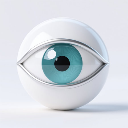 A realistic blue eye on a white sphere, symbolizing insight and perception, with a clean white background and subtle shadow, representing awareness and intuition.の素材