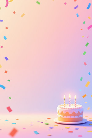 A vibrant digital art style with a pastel-colored gradient background transitioning from peach to purple, adorned with colorful confetti and a small cake with white frosting and lit candles.の素材