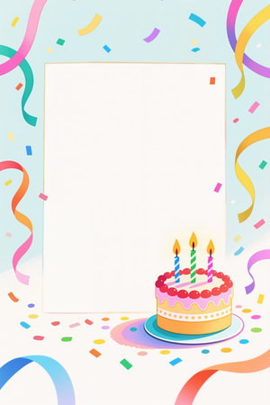Vibrant digital illustration of a birthday scene with a cake, lit candles, and confetti on a light blue background with swirling ribbons.の素材