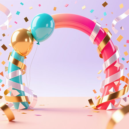 Vibrant illustration of a rainbow arch with shiny ribbons and balloons in pastel colors, surrounded by confetti on a soft pink and purple background, evoking a celebratory atmosphere.の素材