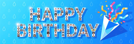 Vibrant digital illustration of a HAPPY BIRTHDAY message with faces in each letter, surrounded by raindrops and colorful confetti, on a bright blue background with a white and blue party popper.の素材