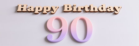 Wooden Happy Birthday text and large pink-purple gradient 90 on light gray background, with subtle shadows.の素材