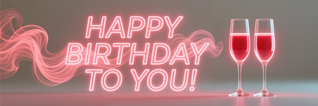 Glowing pink neon sign with two elegant wine glasses filled with red liquid on a dark background with pink smoke.の素材