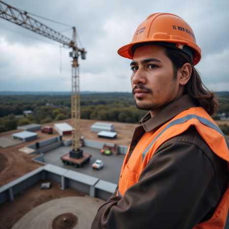 A construction worker with long hair and a beard, wearing an orange safety vest and helmet, stands overseeing a construction site with cranes and buildings.の素材
