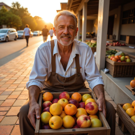 A cheerful older man with gray hair and beard, wearing a white shirt and brown overalls, selling fresh apples at a market stall.の素材