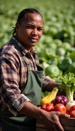 A farmer in a plaid shirt and green apron, with short, braided hair, holding fresh vegetables.の素材