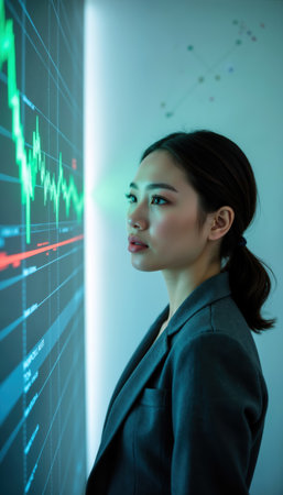 A focused financial analyst with sleek, dark hair and a tailored suit jacket observing stock market trends.の素材