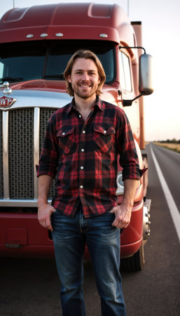 A cheerful truck driver with long blonde hair, wearing a red plaid shirt and jeans.の素材