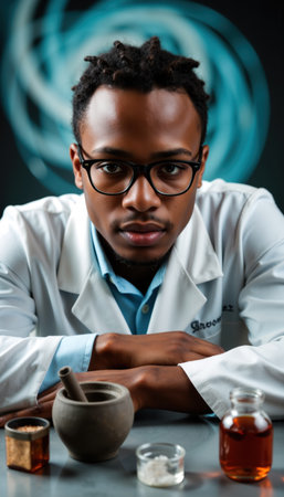 A focused scientist, wearing glasses and a white lab coat over a blue shirt, with short, curly hair.の素材