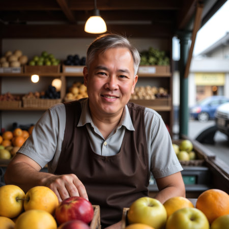 A cheerful grocer with short gray hair wearing a gray shirt and brown apron standing in his fruit shop.の素材
