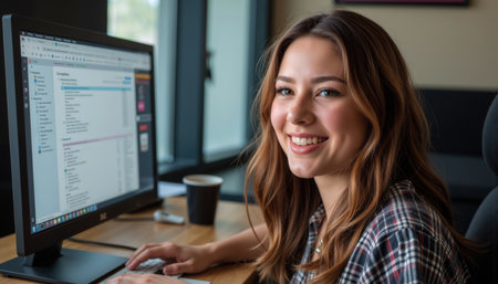 A cheerful woman with long, wavy brown hair, wearing a plaid shirt, sitting at a desk, using a computer.の素材