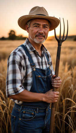 A farmer with gray hair and a beard stands in a wheat field at sunset, holding a pitchfork, wearing a plaid shirt, overalls, and a wide-brimmed hat.の素材