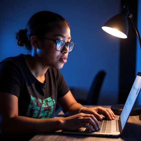 A focused young woman wearing glasses and a dark T-shirt with colorful text, her hair tied in a bun, working on her laptop under a desk lamp.の素材