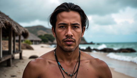 A shirtless man with dark hair and a beaded necklace stands on a sandy beach with thatched huts and a rocky shoreline in the background.の素材