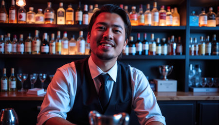 A cheerful male bartender with slicked-back hair, wearing a white shirt, black vest, and tie, standing in a well-stocked bar.の素材